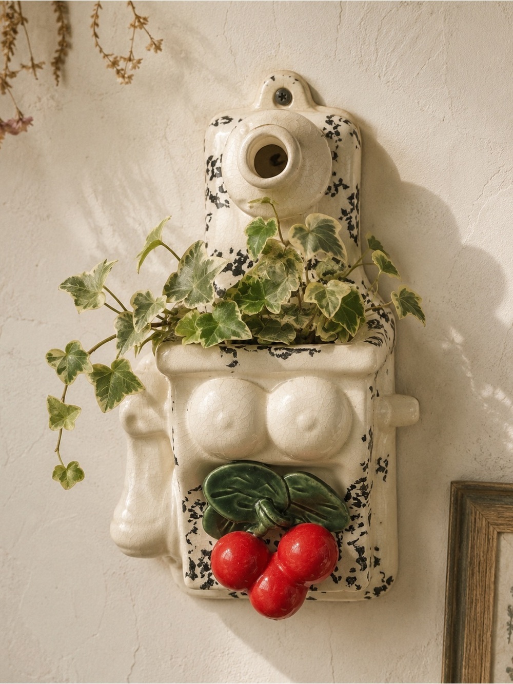 Vintage Ceramic Wall Pocket Planter Cherry Kitchen Wall Vase Farmhouse Fruit 9”